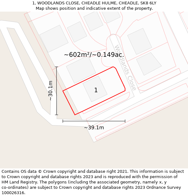 1, WOODLANDS CLOSE, CHEADLE HULME, CHEADLE, SK8 6LY: Plot and title map