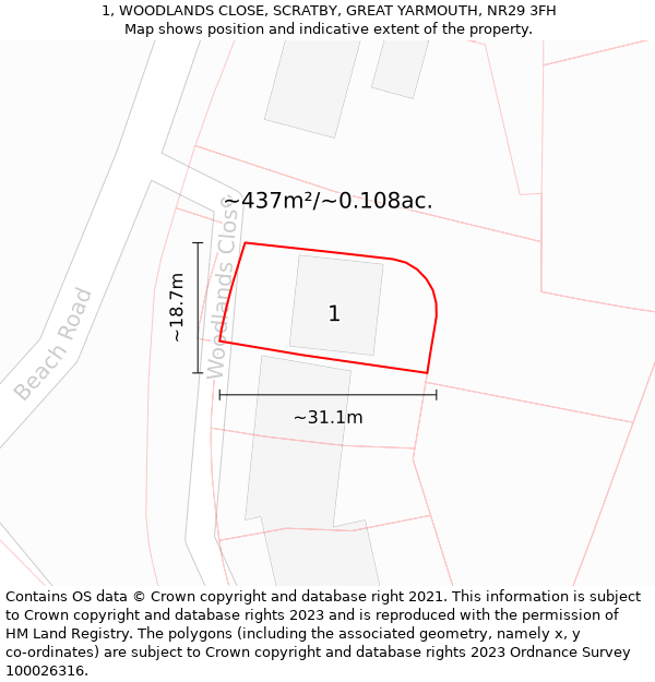 1, WOODLANDS CLOSE, SCRATBY, GREAT YARMOUTH, NR29 3FH: Plot and title map