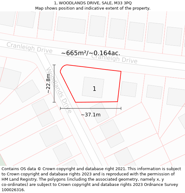 1, WOODLANDS DRIVE, SALE, M33 3PQ: Plot and title map