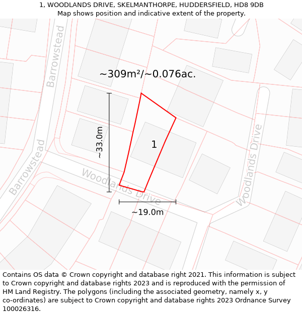 1, WOODLANDS DRIVE, SKELMANTHORPE, HUDDERSFIELD, HD8 9DB: Plot and title map