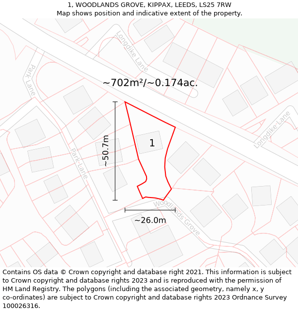 1, WOODLANDS GROVE, KIPPAX, LEEDS, LS25 7RW: Plot and title map