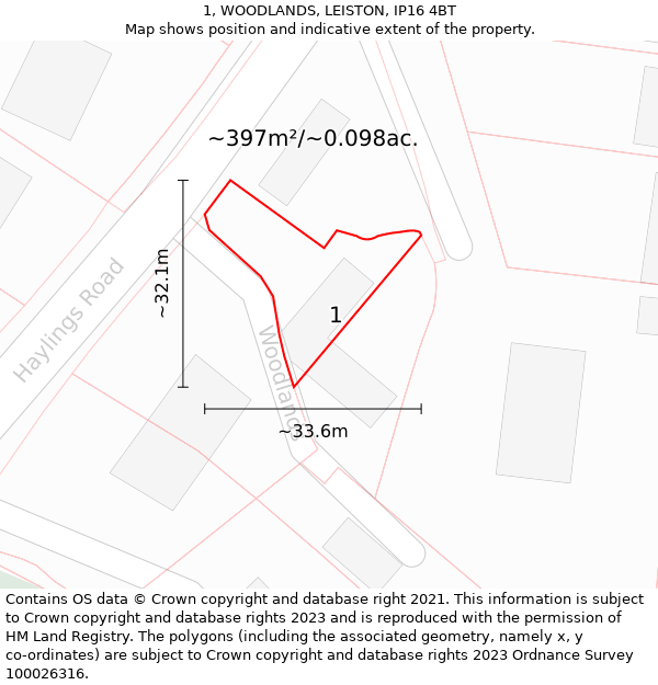 1, WOODLANDS, LEISTON, IP16 4BT: Plot and title map