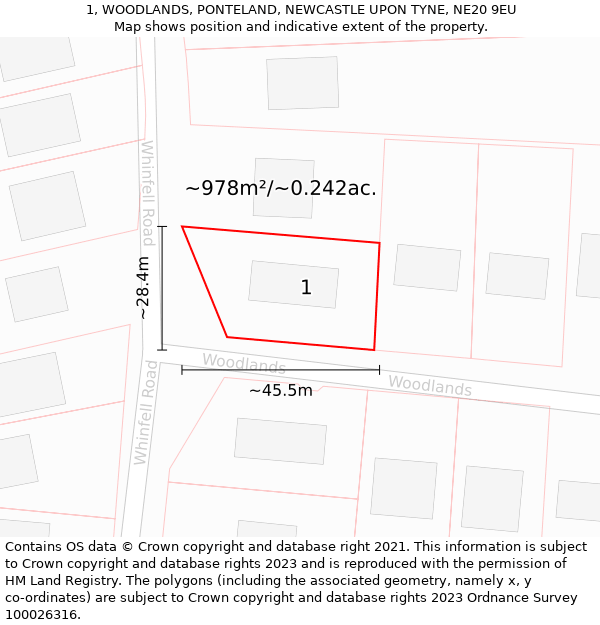 1, WOODLANDS, PONTELAND, NEWCASTLE UPON TYNE, NE20 9EU: Plot and title map