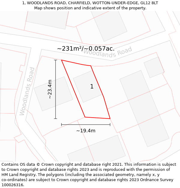 1, WOODLANDS ROAD, CHARFIELD, WOTTON-UNDER-EDGE, GL12 8LT: Plot and title map