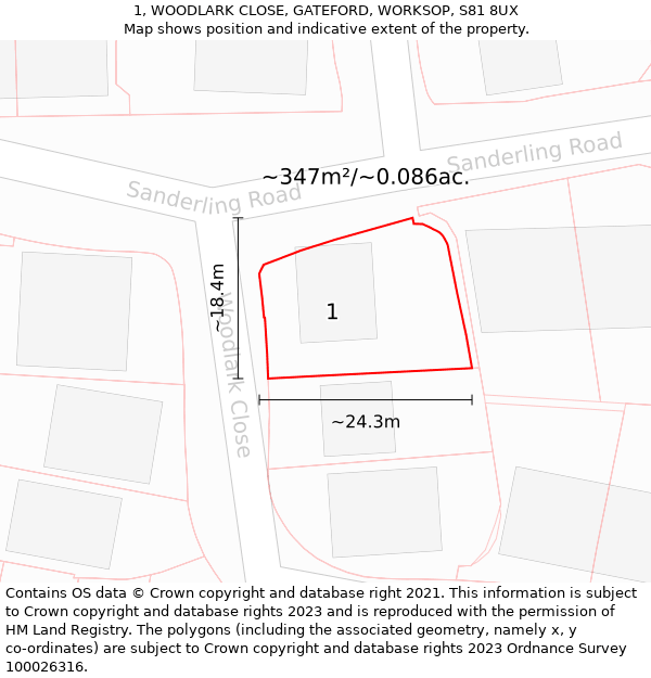 1, WOODLARK CLOSE, GATEFORD, WORKSOP, S81 8UX: Plot and title map