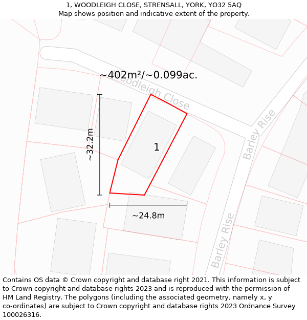 1, WOODLEIGH CLOSE, STRENSALL, YORK, YO32 5AQ: Plot and title map