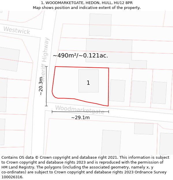 1, WOODMARKETGATE, HEDON, HULL, HU12 8PR: Plot and title map