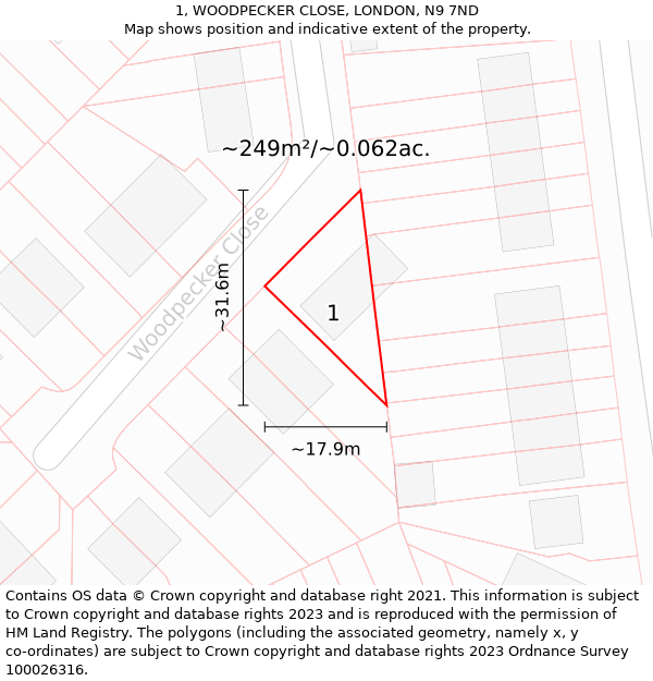 1, WOODPECKER CLOSE, LONDON, N9 7ND: Plot and title map