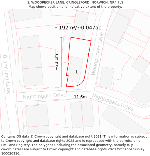 1, WOODPECKER LANE, CRINGLEFORD, NORWICH, NR4 7LS: Plot and title map