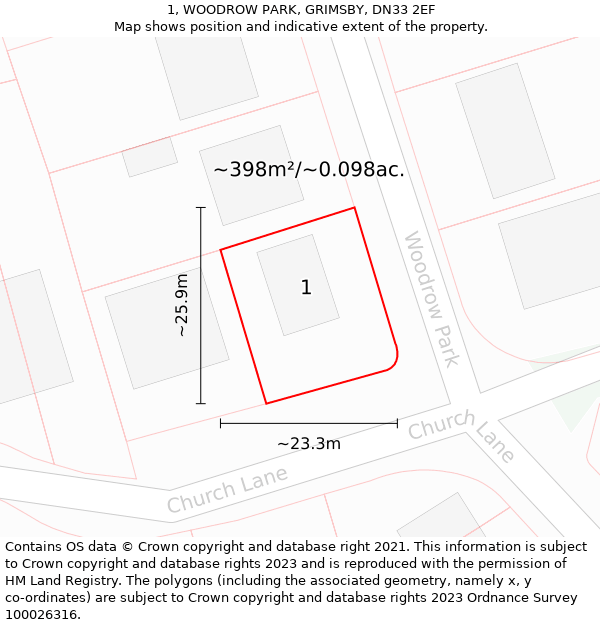 1, WOODROW PARK, GRIMSBY, DN33 2EF: Plot and title map