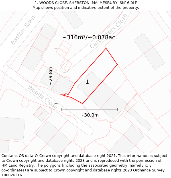 1, WOODS CLOSE, SHERSTON, MALMESBURY, SN16 0LF: Plot and title map