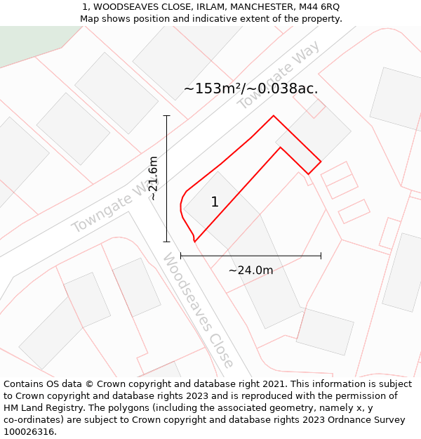 1, WOODSEAVES CLOSE, IRLAM, MANCHESTER, M44 6RQ: Plot and title map