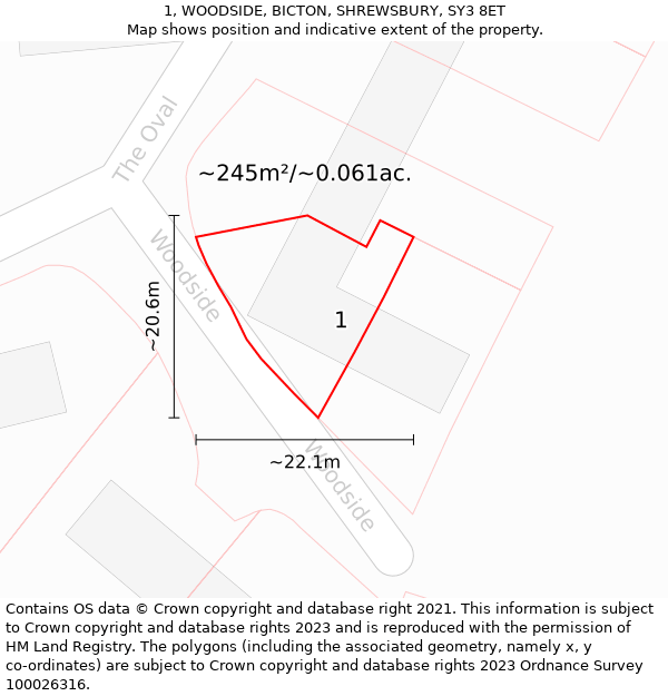 1, WOODSIDE, BICTON, SHREWSBURY, SY3 8ET: Plot and title map