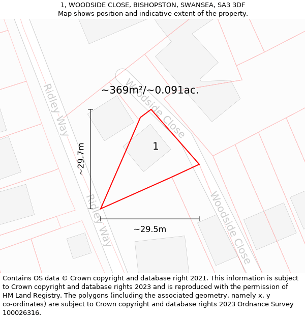 1, WOODSIDE CLOSE, BISHOPSTON, SWANSEA, SA3 3DF: Plot and title map