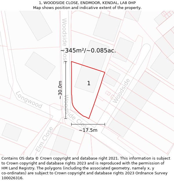 1, WOODSIDE CLOSE, ENDMOOR, KENDAL, LA8 0HP: Plot and title map