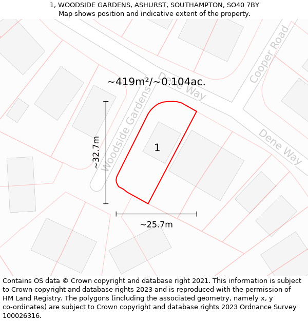 1, WOODSIDE GARDENS, ASHURST, SOUTHAMPTON, SO40 7BY: Plot and title map