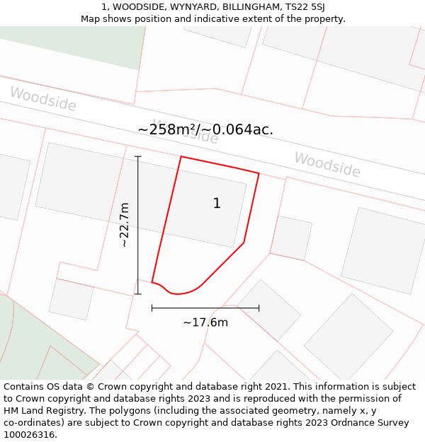 1, WOODSIDE, WYNYARD, BILLINGHAM, TS22 5SJ: Plot and title map