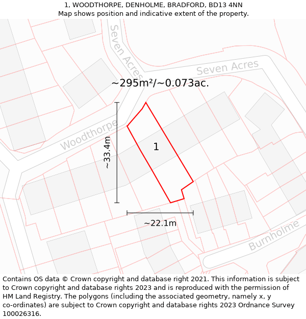 1, WOODTHORPE, DENHOLME, BRADFORD, BD13 4NN: Plot and title map