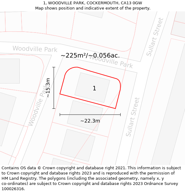 1, WOODVILLE PARK, COCKERMOUTH, CA13 0GW: Plot and title map