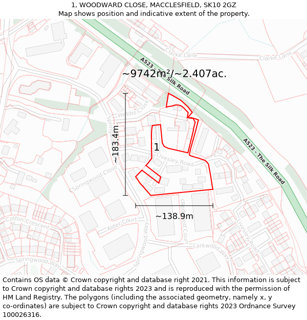 1, WOODWARD CLOSE, MACCLESFIELD, SK10 2GZ: Plot and title map