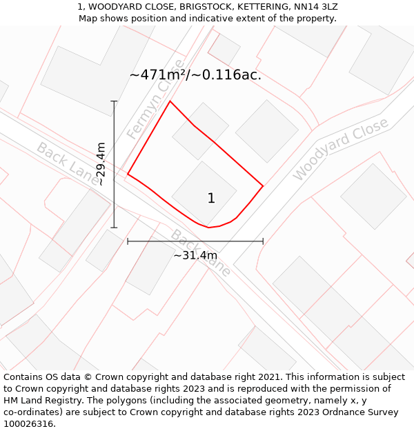 1, WOODYARD CLOSE, BRIGSTOCK, KETTERING, NN14 3LZ: Plot and title map