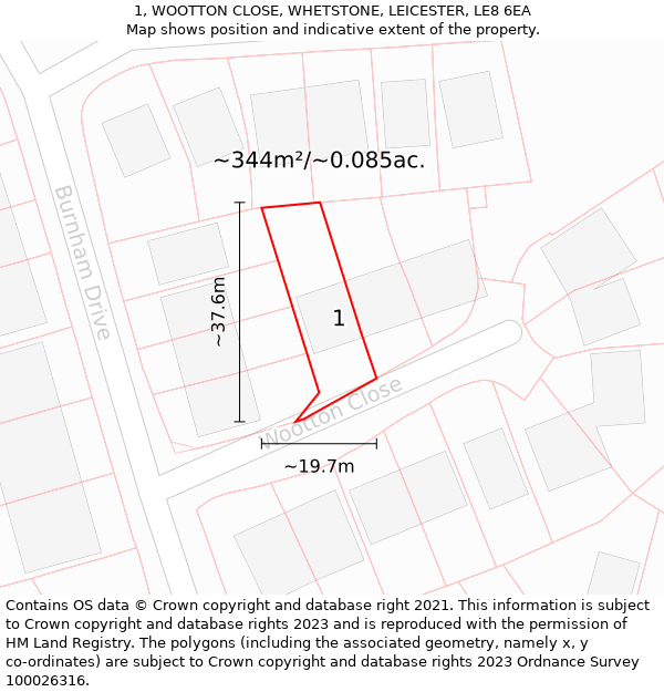 1, WOOTTON CLOSE, WHETSTONE, LEICESTER, LE8 6EA: Plot and title map