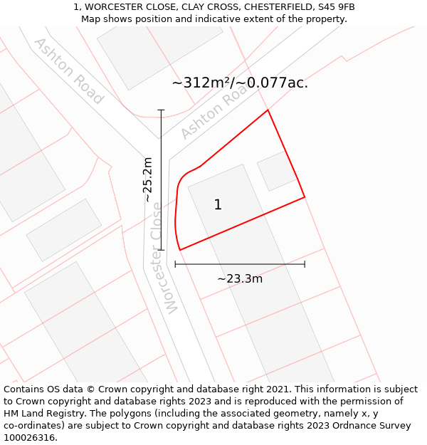 1, WORCESTER CLOSE, CLAY CROSS, CHESTERFIELD, S45 9FB: Plot and title map