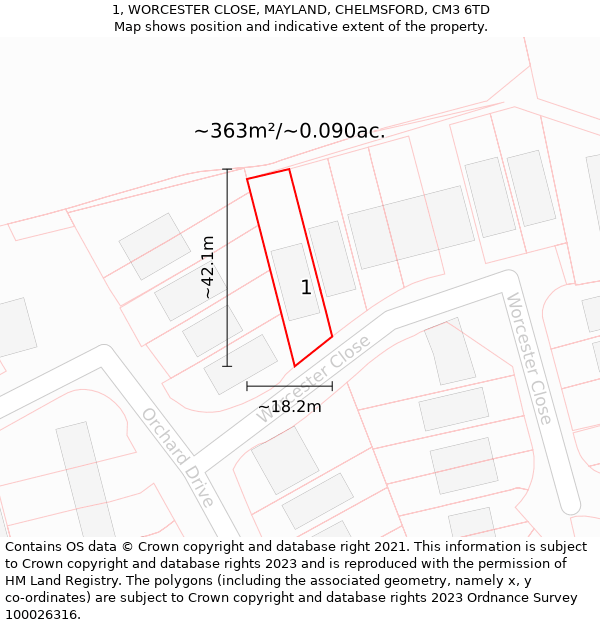 1, WORCESTER CLOSE, MAYLAND, CHELMSFORD, CM3 6TD: Plot and title map