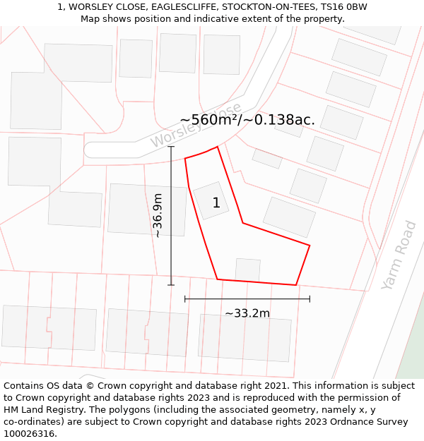 1, WORSLEY CLOSE, EAGLESCLIFFE, STOCKTON-ON-TEES, TS16 0BW: Plot and title map