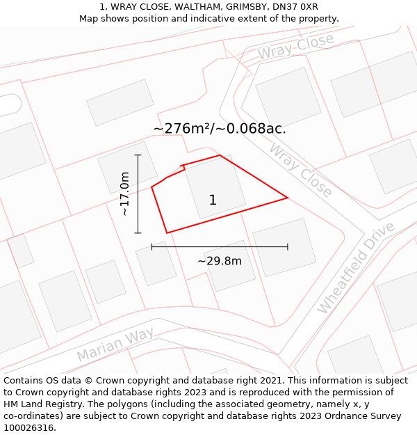 1, WRAY CLOSE, WALTHAM, GRIMSBY, DN37 0XR: Plot and title map