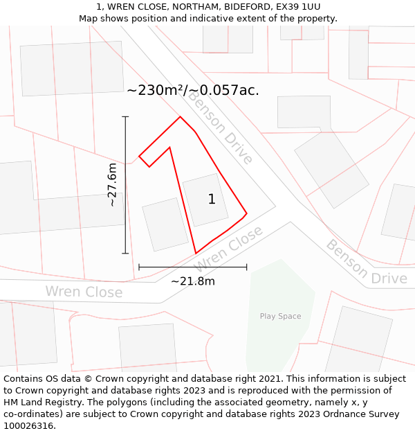 1, WREN CLOSE, NORTHAM, BIDEFORD, EX39 1UU: Plot and title map