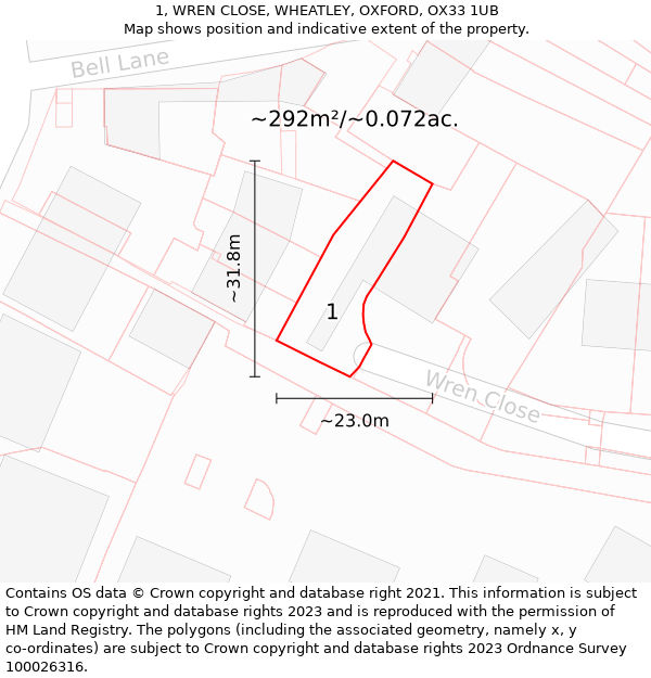 1, WREN CLOSE, WHEATLEY, OXFORD, OX33 1UB: Plot and title map