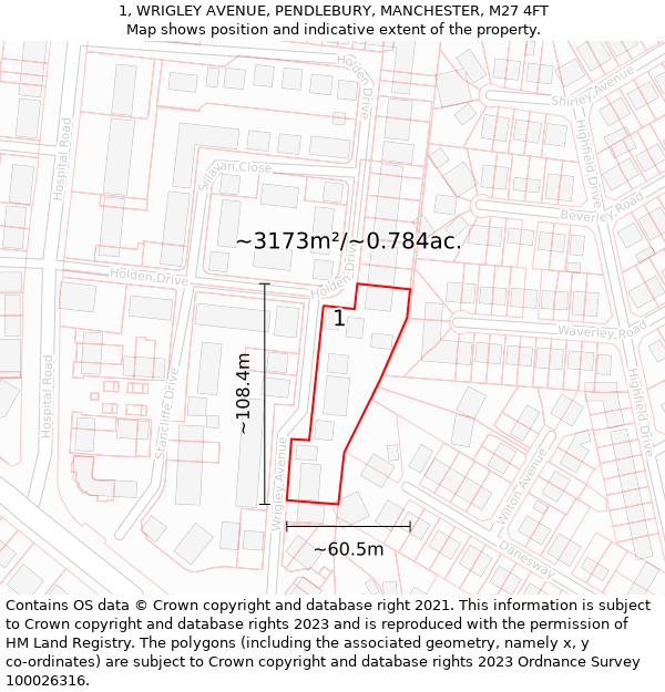 1, WRIGLEY AVENUE, PENDLEBURY, MANCHESTER, M27 4FT: Plot and title map