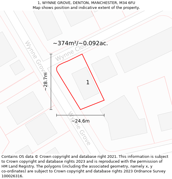 1, WYNNE GROVE, DENTON, MANCHESTER, M34 6FU: Plot and title map