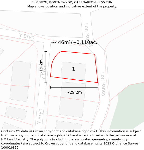 1, Y BRYN, BONTNEWYDD, CAERNARFON, LL55 2UN: Plot and title map