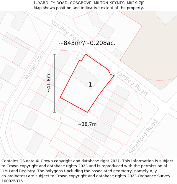 1, YARDLEY ROAD, COSGROVE, MILTON KEYNES, MK19 7JF: Plot and title map