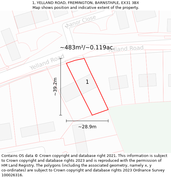 1, YELLAND ROAD, FREMINGTON, BARNSTAPLE, EX31 3BX: Plot and title map