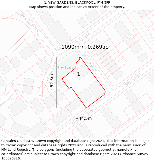 1, YEW GARDENS, BLACKPOOL, FY4 5FR: Plot and title map