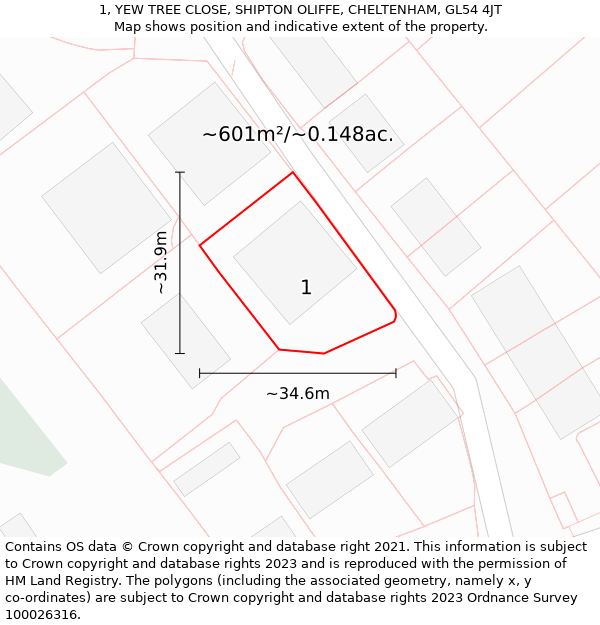 1, YEW TREE CLOSE, SHIPTON OLIFFE, CHELTENHAM, GL54 4JT: Plot and title map