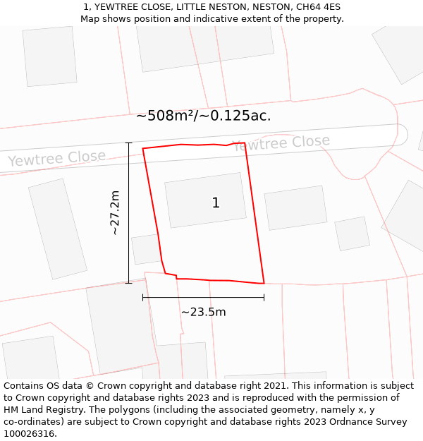 1, YEWTREE CLOSE, LITTLE NESTON, NESTON, CH64 4ES: Plot and title map