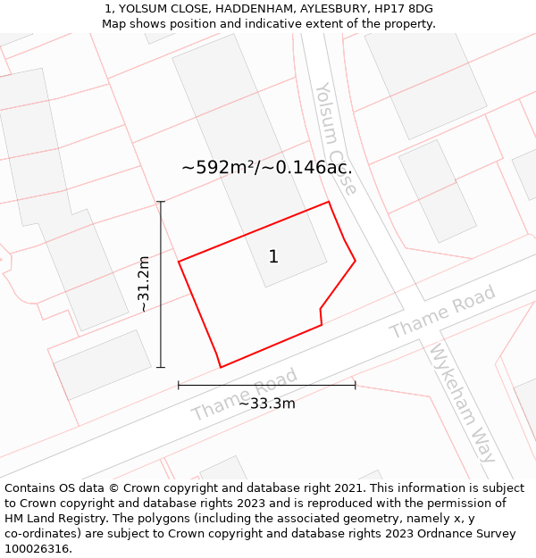 1, YOLSUM CLOSE, HADDENHAM, AYLESBURY, HP17 8DG: Plot and title map