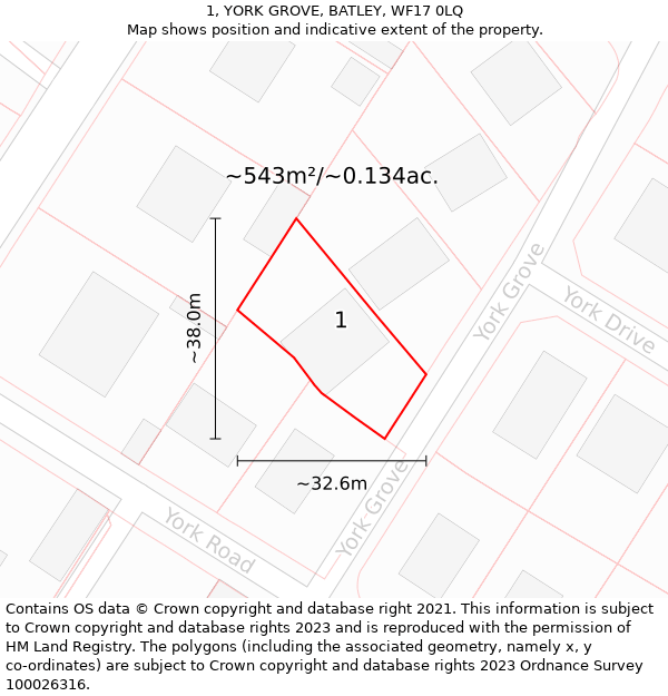 1, YORK GROVE, BATLEY, WF17 0LQ: Plot and title map