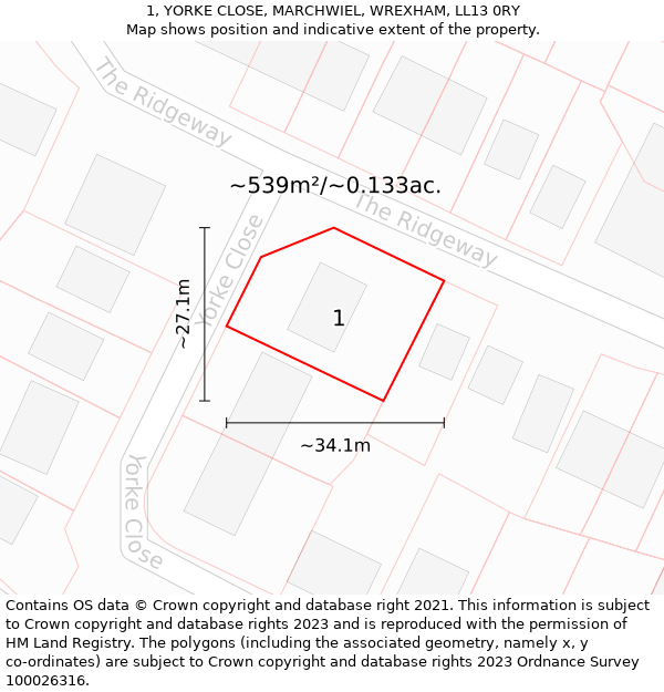 1, YORKE CLOSE, MARCHWIEL, WREXHAM, LL13 0RY: Plot and title map