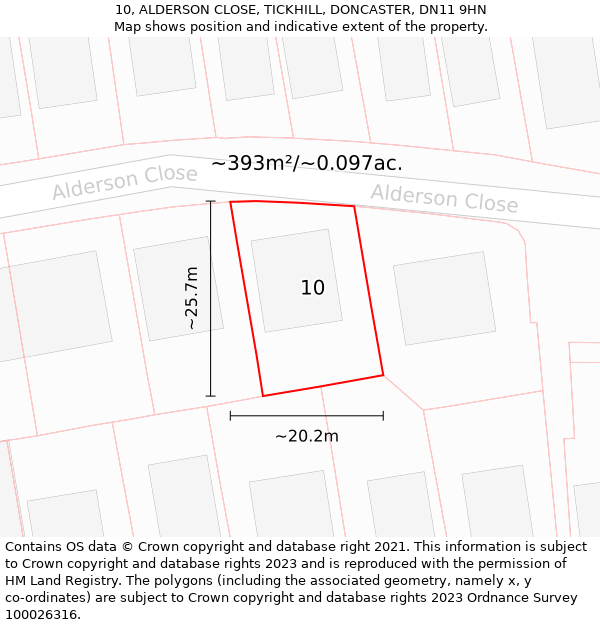 10, ALDERSON CLOSE, TICKHILL, DONCASTER, DN11 9HN: Plot and title map