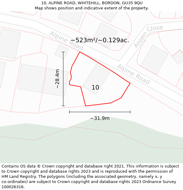 10, ALPINE ROAD, WHITEHILL, BORDON, GU35 9QU: Plot and title map