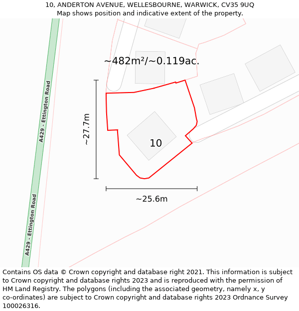 10, ANDERTON AVENUE, WELLESBOURNE, WARWICK, CV35 9UQ: Plot and title map