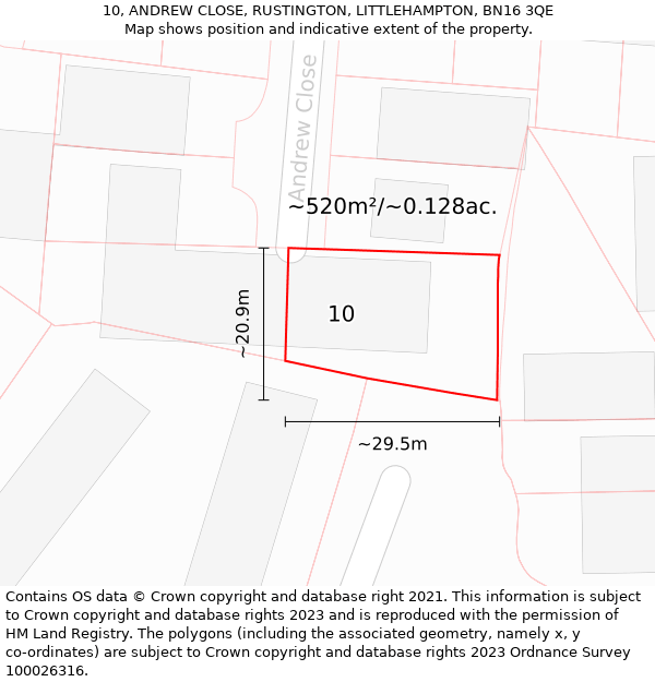 10, ANDREW CLOSE, RUSTINGTON, LITTLEHAMPTON, BN16 3QE: Plot and title map