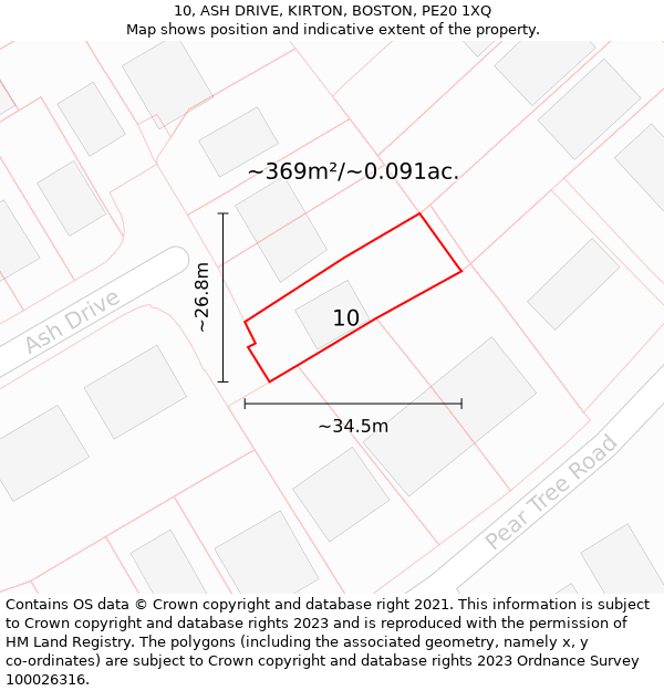 10, ASH DRIVE, KIRTON, BOSTON, PE20 1XQ: Plot and title map