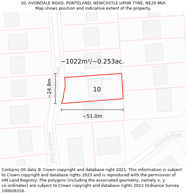 10, AVONDALE ROAD, PONTELAND, NEWCASTLE UPON TYNE, NE20 9NA: Plot and title map