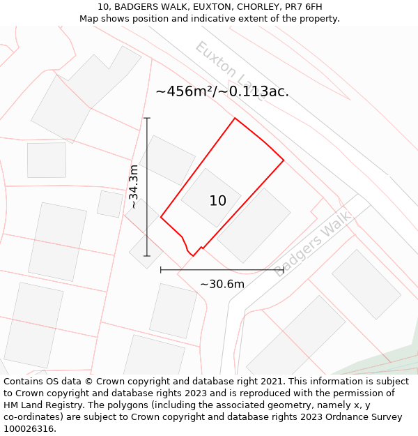 10, BADGERS WALK, EUXTON, CHORLEY, PR7 6FH: Plot and title map